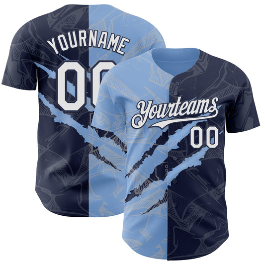 Custom Graffiti Pattern White Navy-Light Blue 3D Scratch Authentic Baseball Jersey - Sky-Custom