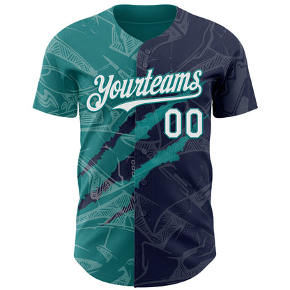 Custom Graffiti Pattern White Navy-Teal 3D Scratch Authentic Baseball Jersey - Sky-Custom