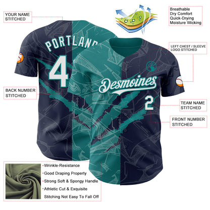 Custom Graffiti Pattern White Navy-Teal 3D Scratch Authentic Baseball Jersey - Sky-Custom