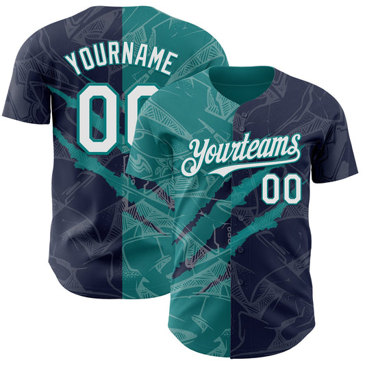 Custom Graffiti Pattern White Navy-Teal 3D Scratch Authentic Baseball Jersey - Sky-Custom