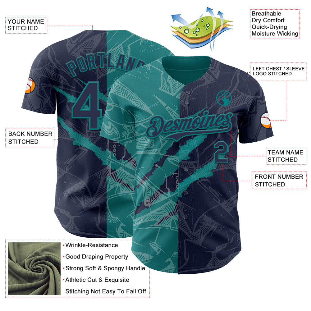 Custom Graffiti Pattern Navy-Teal 3D Scratch Authentic Baseball Jersey - Sky-Custom