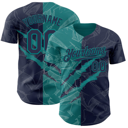 Custom Graffiti Pattern Navy-Teal 3D Scratch Authentic Baseball Jersey - Sky-Custom