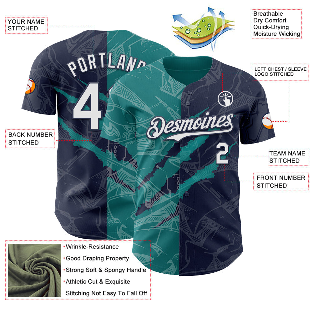 Custom Graffiti Pattern White Navy-Teal 3D Scratch Authentic Baseball Jersey - Sky-Custom