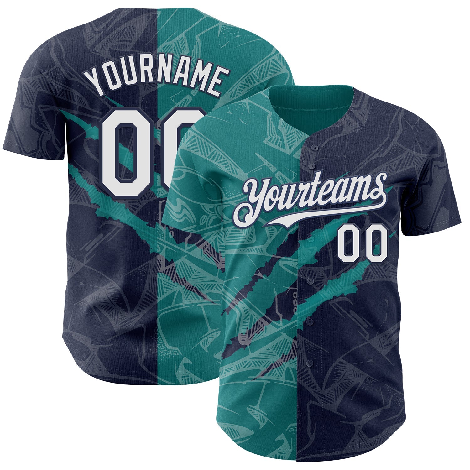 Custom Graffiti Pattern White Navy-Teal 3D Scratch Authentic Baseball Jersey - Sky-Custom