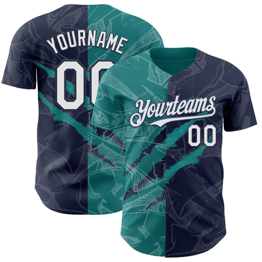 Custom Graffiti Pattern White Navy-Teal 3D Scratch Authentic Baseball Jersey - Sky-Custom