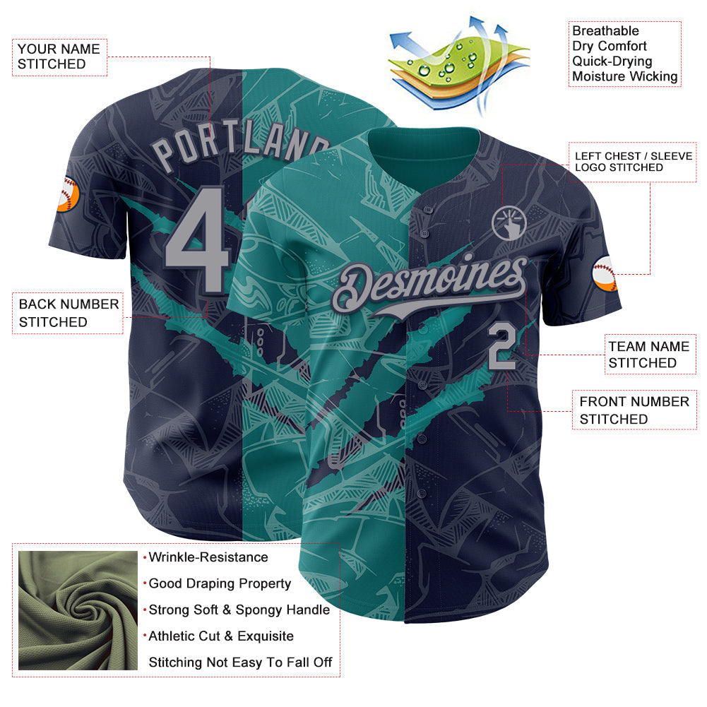 Custom Graffiti Pattern Gray Navy-Teal 3D Scratch Authentic Baseball Jersey - Sky-Custom