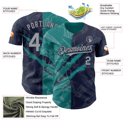 Custom Graffiti Pattern Gray Navy-Teal 3D Scratch Authentic Baseball Jersey - Sky-Custom