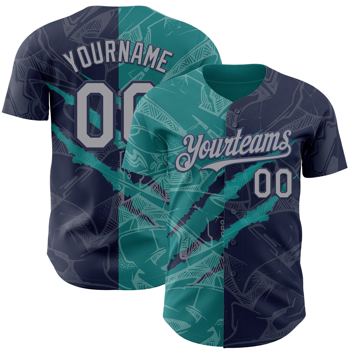 Custom Graffiti Pattern Gray Navy-Teal 3D Scratch Authentic Baseball Jersey - Sky-Custom