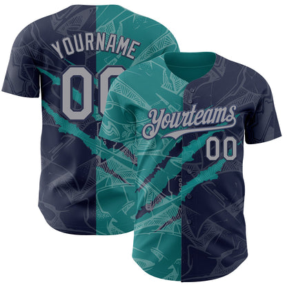Custom Graffiti Pattern Gray Navy-Teal 3D Scratch Authentic Baseball Jersey - Sky-Custom
