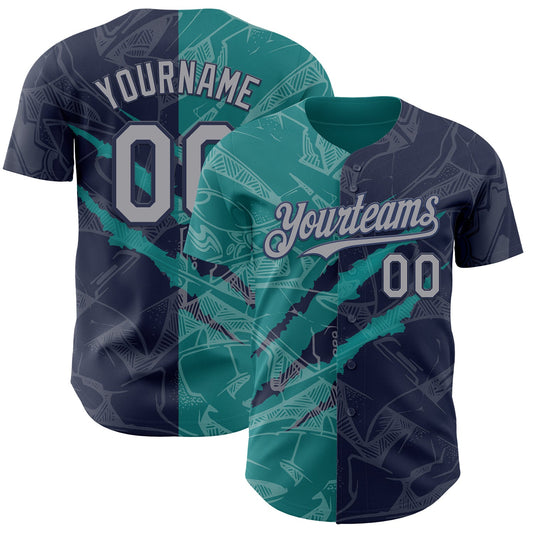Custom Graffiti Pattern Gray Navy-Teal 3D Scratch Authentic Baseball Jersey - Sky-Custom