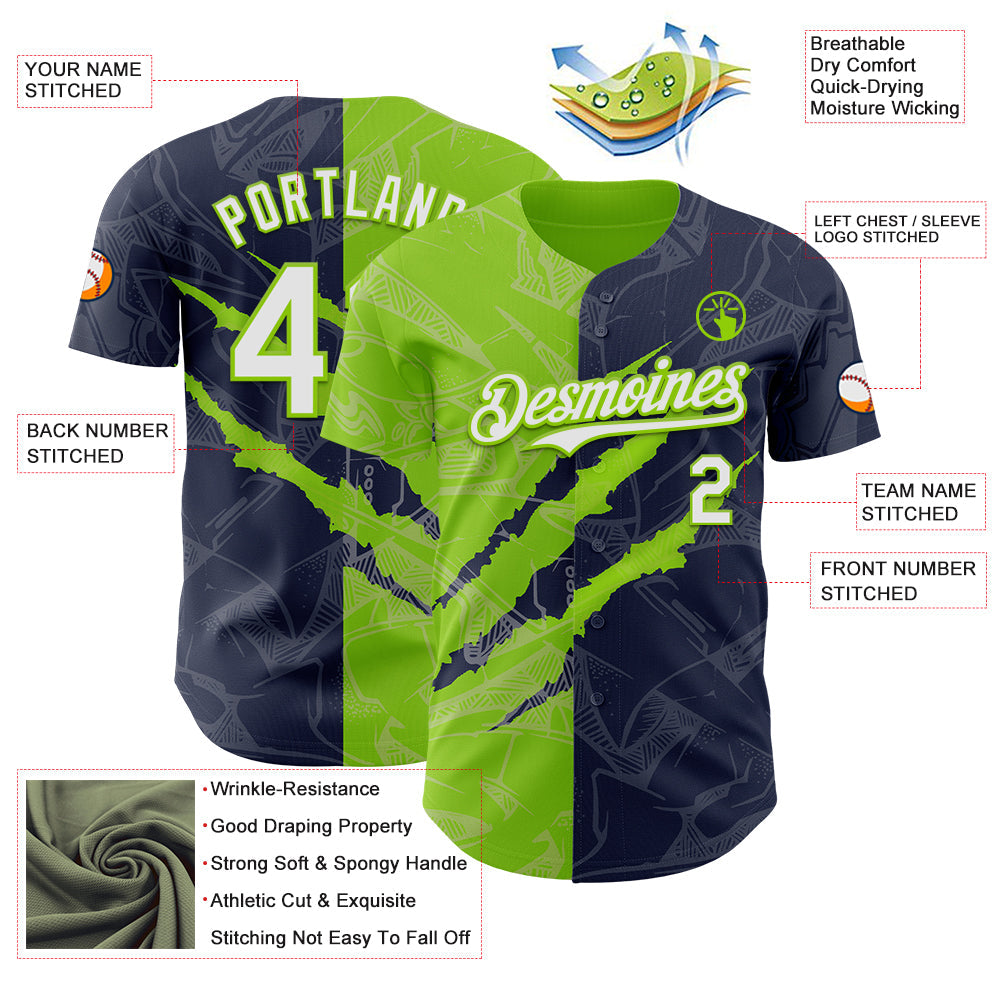 Custom Graffiti Pattern White Navy-Neon Green 3D Scratch Authentic Baseball Jersey - Sky-Custom