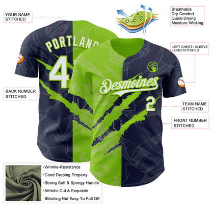 Custom Graffiti Pattern White Navy-Neon Green 3D Scratch Authentic Baseball Jersey - Sky-Custom