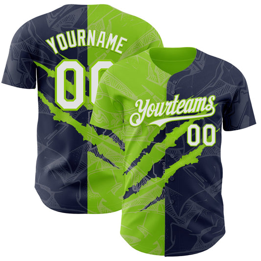 Custom Graffiti Pattern White Navy-Neon Green 3D Scratch Authentic Baseball Jersey - Sky-Custom