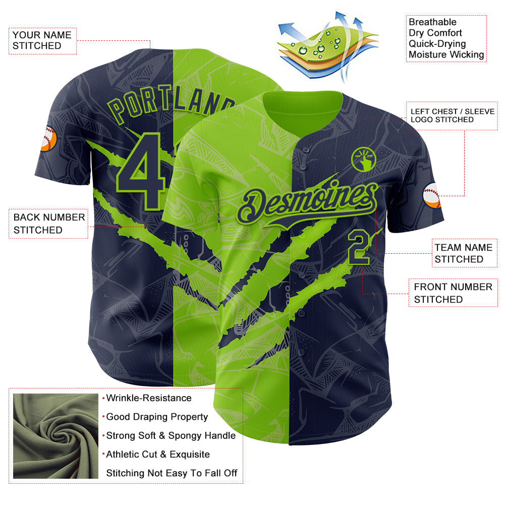 Custom Graffiti Pattern Navy-Neon Green 3D Scratch Authentic Baseball Jersey - Sky-Custom