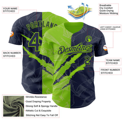 Custom Graffiti Pattern Navy-Neon Green 3D Scratch Authentic Baseball Jersey - Sky-Custom