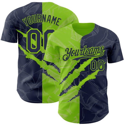 Custom Graffiti Pattern Navy-Neon Green 3D Scratch Authentic Baseball Jersey - Sky-Custom