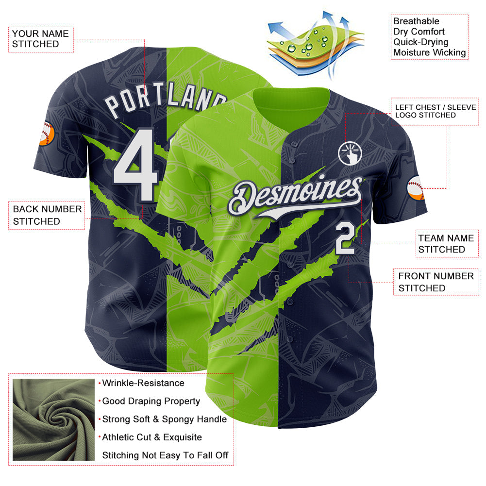 Custom Graffiti Pattern White Navy-Neon Green 3D Scratch Authentic Baseball Jersey - Sky-Custom