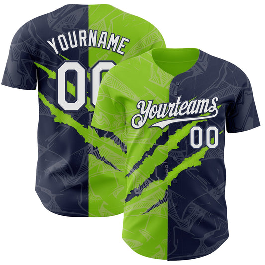 Custom Graffiti Pattern White Navy-Neon Green 3D Scratch Authentic Baseball Jersey - Sky-Custom