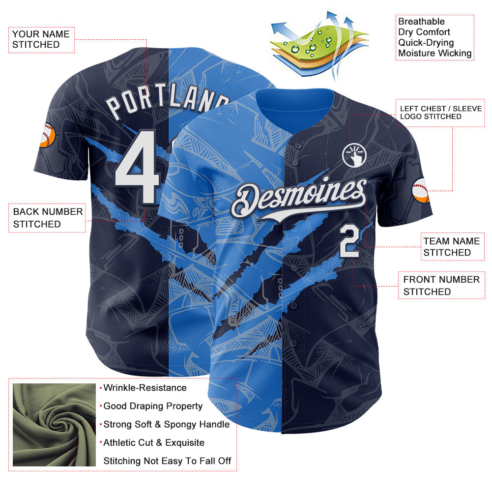 Custom Graffiti Pattern White Navy-Electric Blue 3D Scratch Authentic Baseball Jersey - Sky-Custom