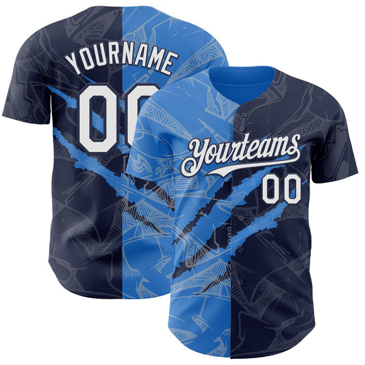 Custom Graffiti Pattern White Navy-Electric Blue 3D Scratch Authentic Baseball Jersey - Sky-Custom