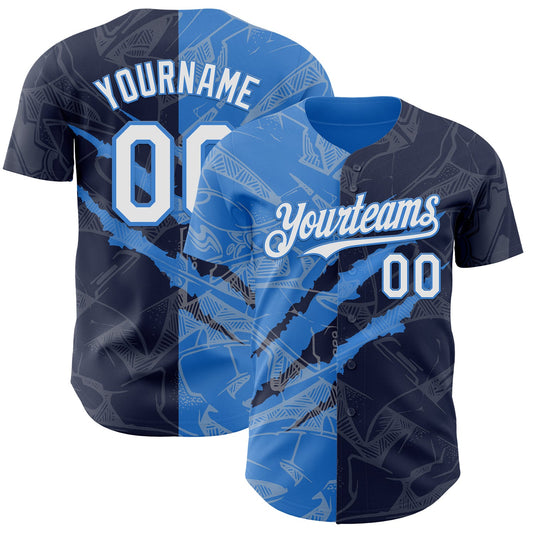 Custom Graffiti Pattern White Navy-Electric Blue 3D Scratch Authentic Baseball Jersey - Sky-Custom