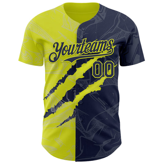 Custom Graffiti Pattern Navy-Neon Yellow 3D Scratch Authentic Baseball Jersey - Sky-Custom