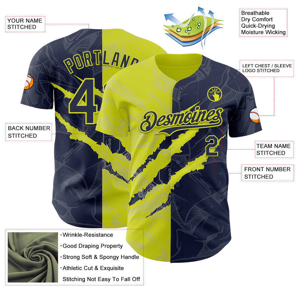 Custom Graffiti Pattern Navy-Neon Yellow 3D Scratch Authentic Baseball Jersey - Sky-Custom