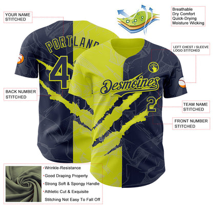 Custom Graffiti Pattern Navy-Neon Yellow 3D Scratch Authentic Baseball Jersey - Sky-Custom