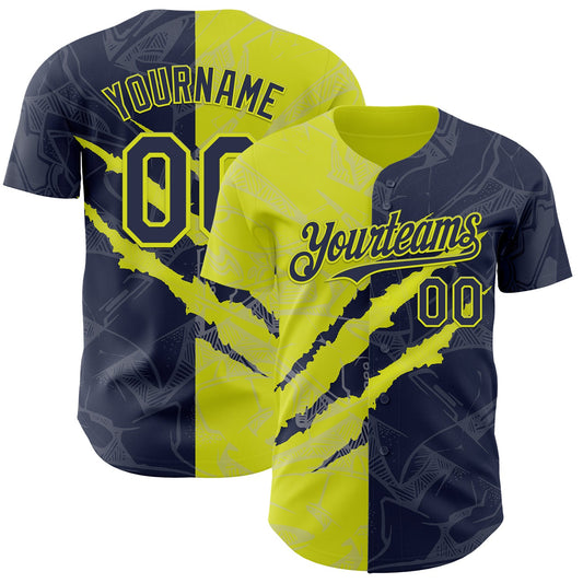 Custom Graffiti Pattern Navy-Neon Yellow 3D Scratch Authentic Baseball Jersey - Sky-Custom