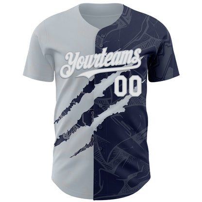 Custom Graffiti Pattern White Navy-Silver 3D Scratch Authentic Baseball Jersey - Sky-Custom
