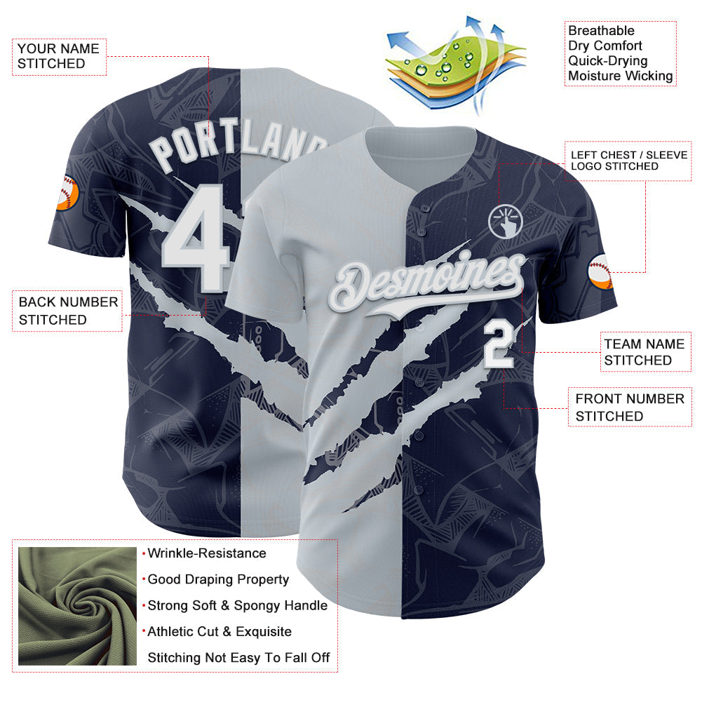 Custom Graffiti Pattern White Navy-Silver 3D Scratch Authentic Baseball Jersey - Sky-Custom