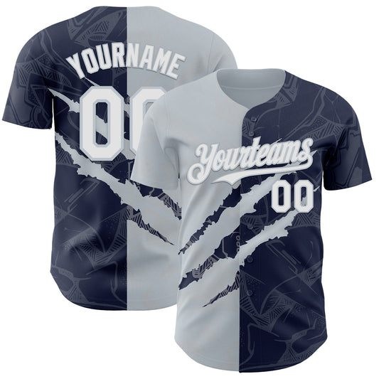 Custom Graffiti Pattern White Navy-Silver 3D Scratch Authentic Baseball Jersey - Sky-Custom