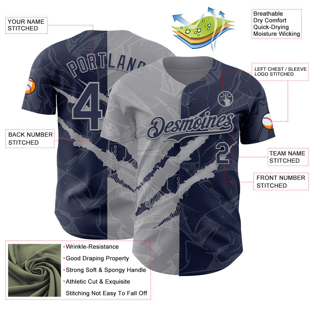 Custom Graffiti Pattern Navy-Gray 3D Scratch Authentic Baseball Jersey - Sky-Custom