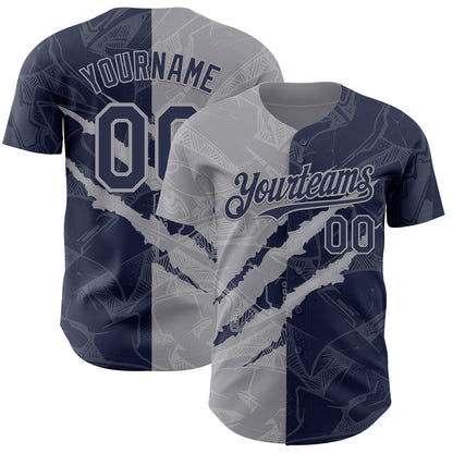 Custom Graffiti Pattern Navy-Gray 3D Scratch Authentic Baseball Jersey - Sky-Custom