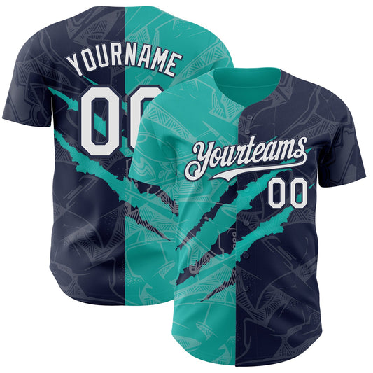 Custom Graffiti Pattern White Navy-Aqua 3D Scratch Authentic Baseball Jersey - Sky-Custom