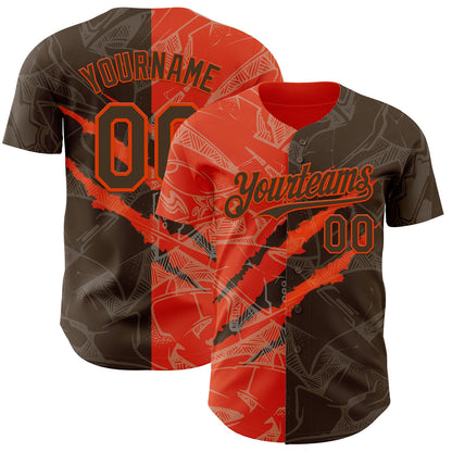 Custom Graffiti Pattern Brown-Orange 3D Scratch Authentic Baseball Jersey - Sky-Custom