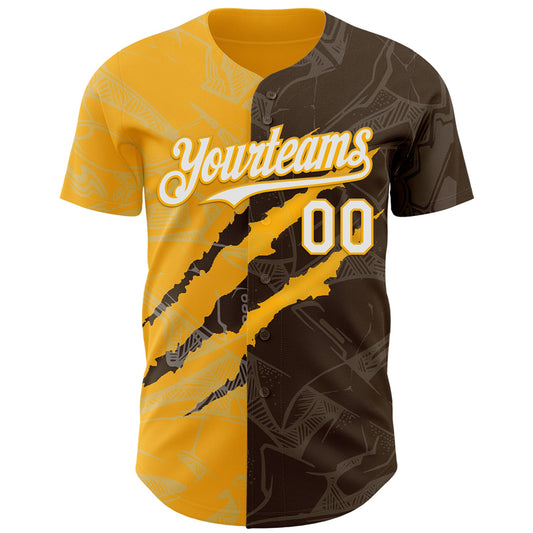 Custom Graffiti Pattern White Brown-Gold 3D Scratch Authentic Baseball Jersey - Sky-Custom