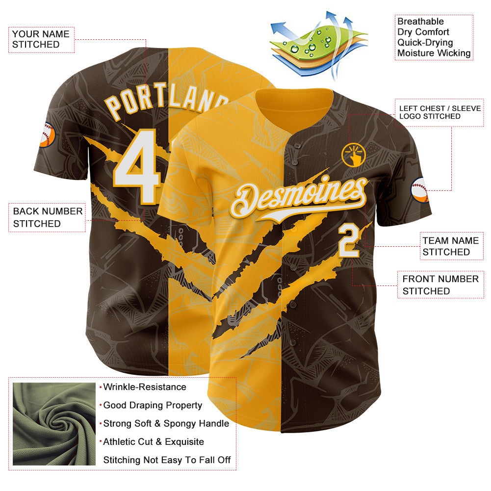Custom Graffiti Pattern White Brown-Gold 3D Scratch Authentic Baseball Jersey - Sky-Custom