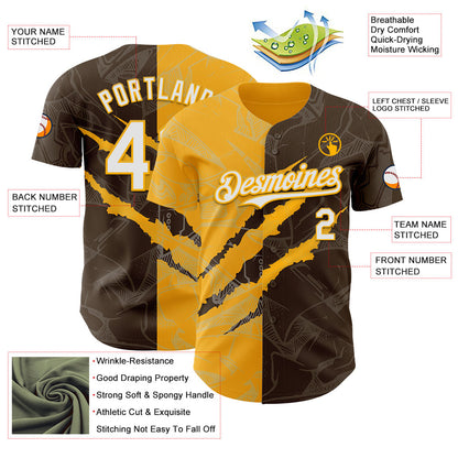 Custom Graffiti Pattern White Brown-Gold 3D Scratch Authentic Baseball Jersey - Sky-Custom
