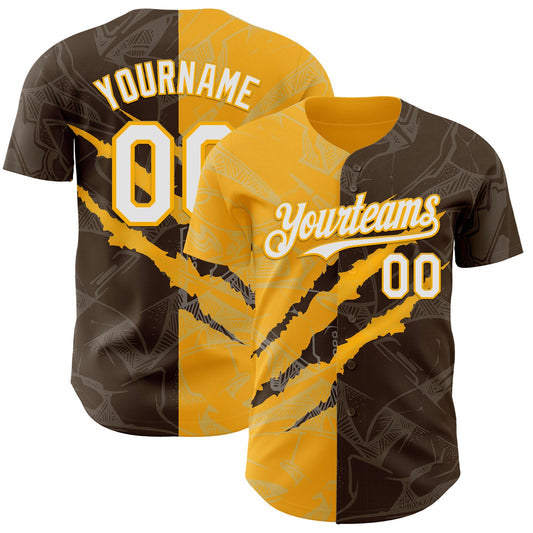 Custom Graffiti Pattern White Brown-Gold 3D Scratch Authentic Baseball Jersey - Sky-Custom