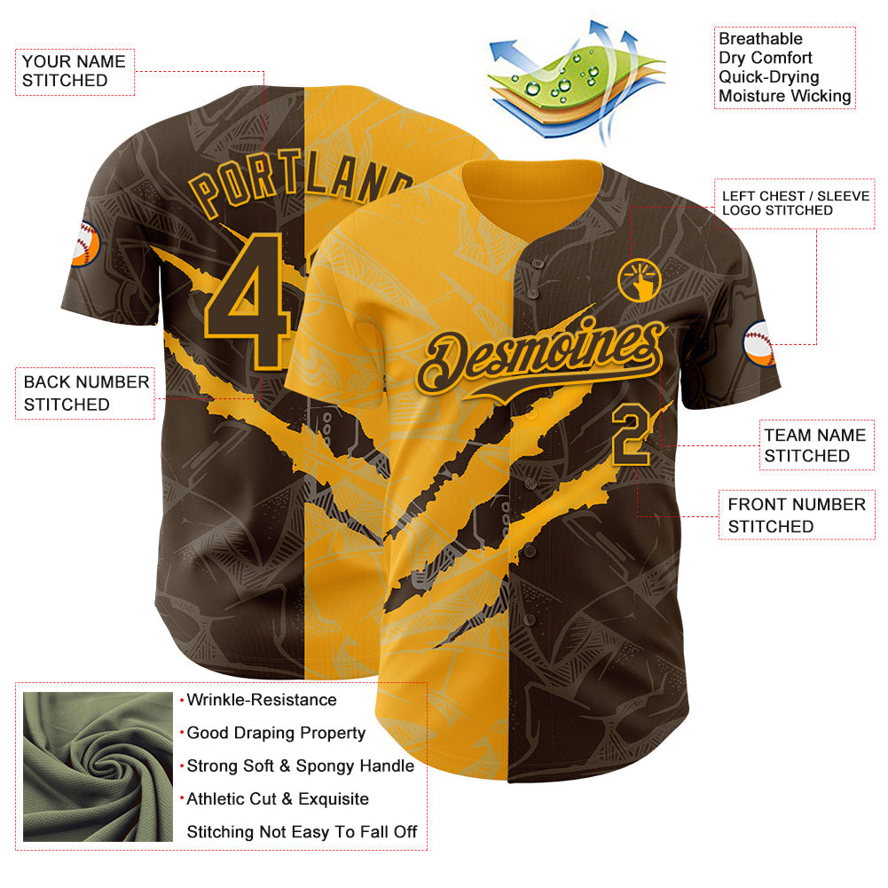 Custom Graffiti Pattern Brown-Gold 3D Scratch Authentic Baseball Jersey - Sky-Custom