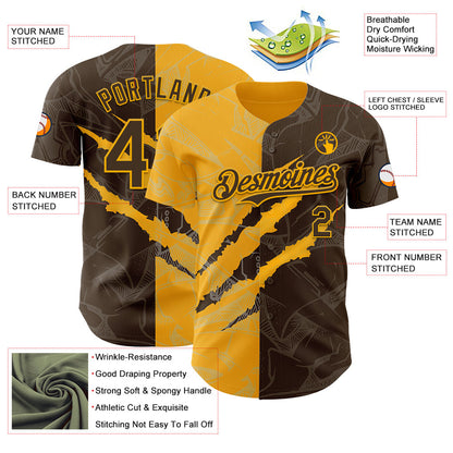 Custom Graffiti Pattern Brown-Gold 3D Scratch Authentic Baseball Jersey - Sky-Custom