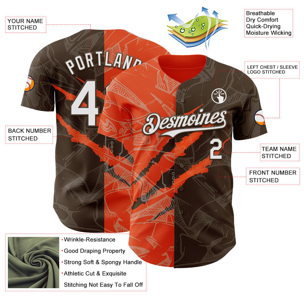 Custom Graffiti Pattern White Brown-Orange 3D Scratch Authentic Baseball Jersey - Sky-Custom