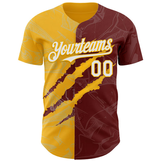 Custom Graffiti Pattern White Burgundy-Gold 3D Scratch Authentic Baseball Jersey - Sky-Custom