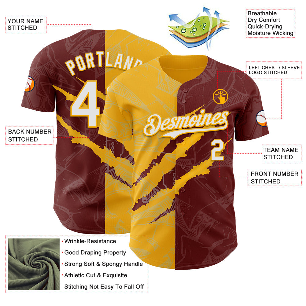 Custom Graffiti Pattern White Burgundy-Gold 3D Scratch Authentic Baseball Jersey - Sky-Custom