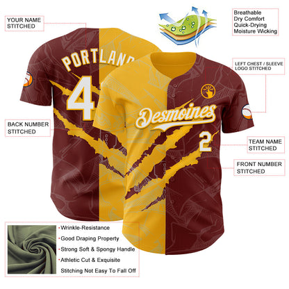 Custom Graffiti Pattern White Burgundy-Gold 3D Scratch Authentic Baseball Jersey - Sky-Custom