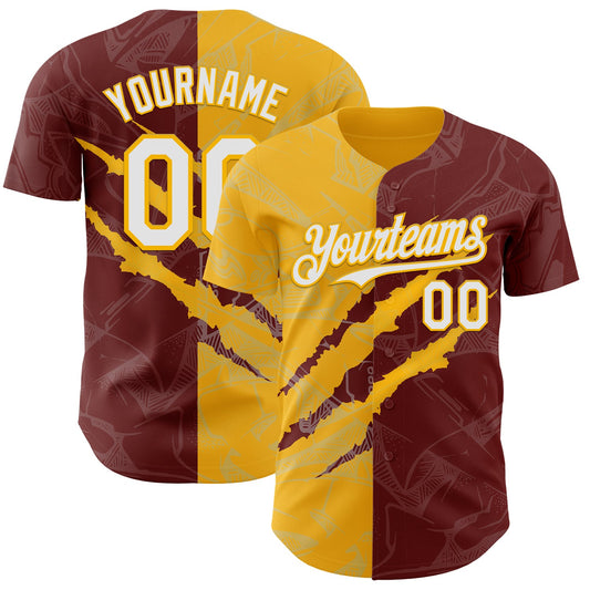 Custom Graffiti Pattern White Burgundy-Gold 3D Scratch Authentic Baseball Jersey - Sky-Custom