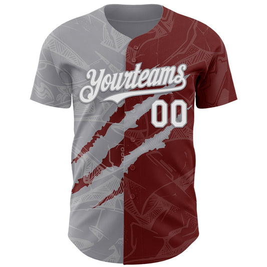Custom Graffiti Pattern White Burgundy-Gray 3D Scratch Authentic Baseball Jersey - Sky-Custom