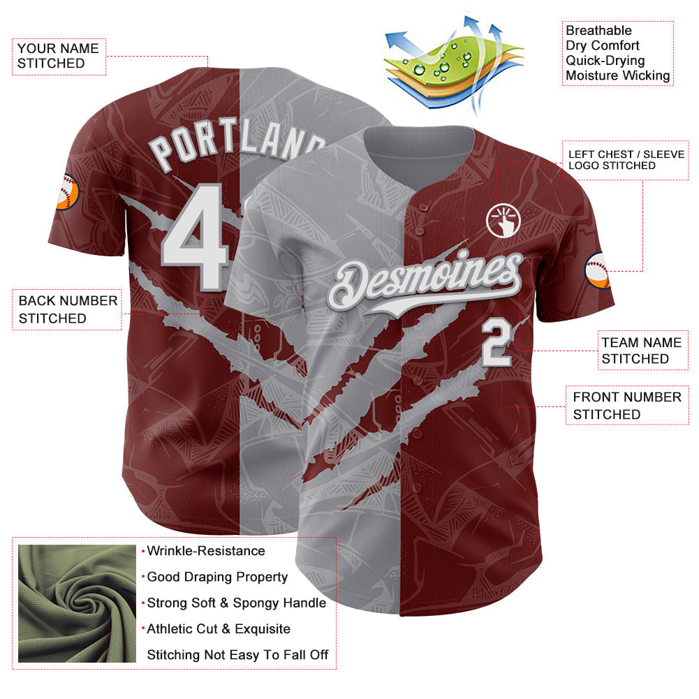 Custom Graffiti Pattern White Burgundy-Gray 3D Scratch Authentic Baseball Jersey - Sky-Custom