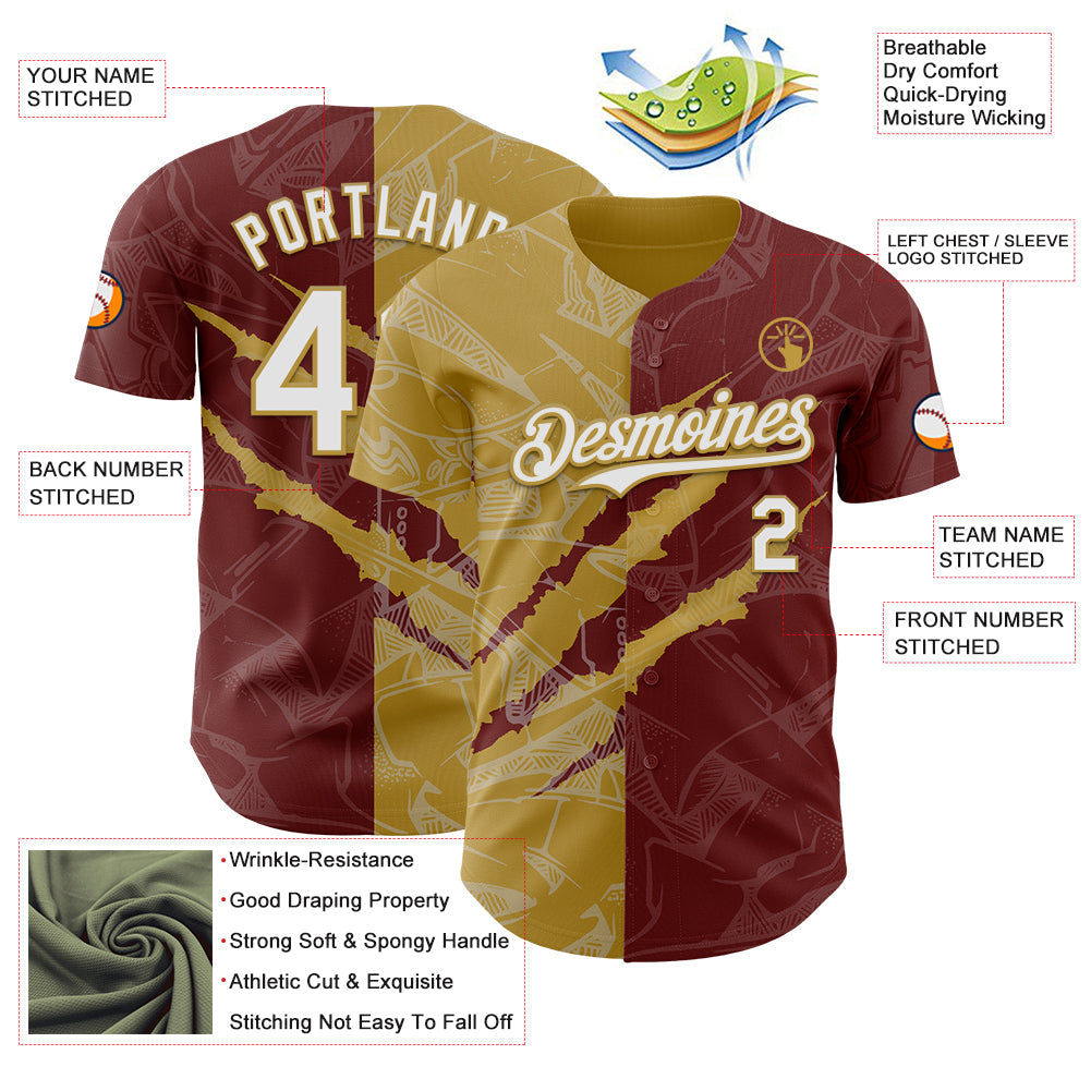 Custom Graffiti Pattern White Burgundy-Old Gold 3D Scratch Authentic Baseball Jersey - Sky-Custom